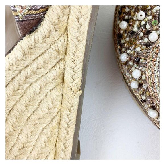 Steve Madden taupe Pearl/Bead/Crystal Embellished Wedge Ankle Wrap Boho Espadril - Picture 12 of 15